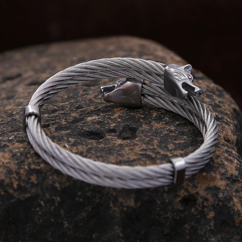 Men's Stainless Steel Norse Viking Double Wolf Head Bracelet Punk Biker Vintage Animal Bangles Charm Trendy Jewelry Dropshipping 3