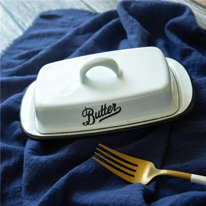 Retro Nostalgic Enamel Butter Box with Lid Snack Tray Home Kitchen Tableware Cheese Storage Box Butter Dish Cheese Plate butter storage box