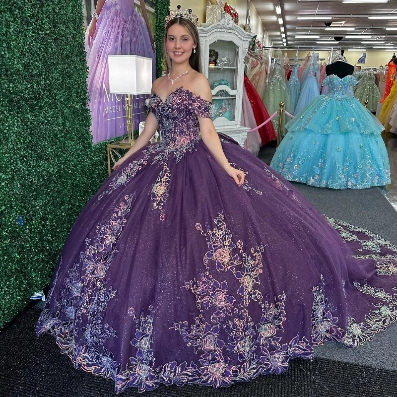 Purple Shiny Sweetheart Quinceanera Dresses Off the Shoulder Ball Gown Appliques Lace Flower Crystal Vestidos De 15 A&ntilde;os