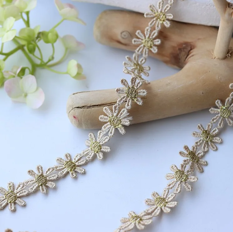 2 Meters Daisy Flower Gold Embroidered Lace Fabric Lace Trim Ribbon Handmade DIY Sewing Supplies Craft Costume Decoration lace ribbon lace fabric lace sewing accessories lace sewing supplies lace accessories lace decoration clothing craft accessories