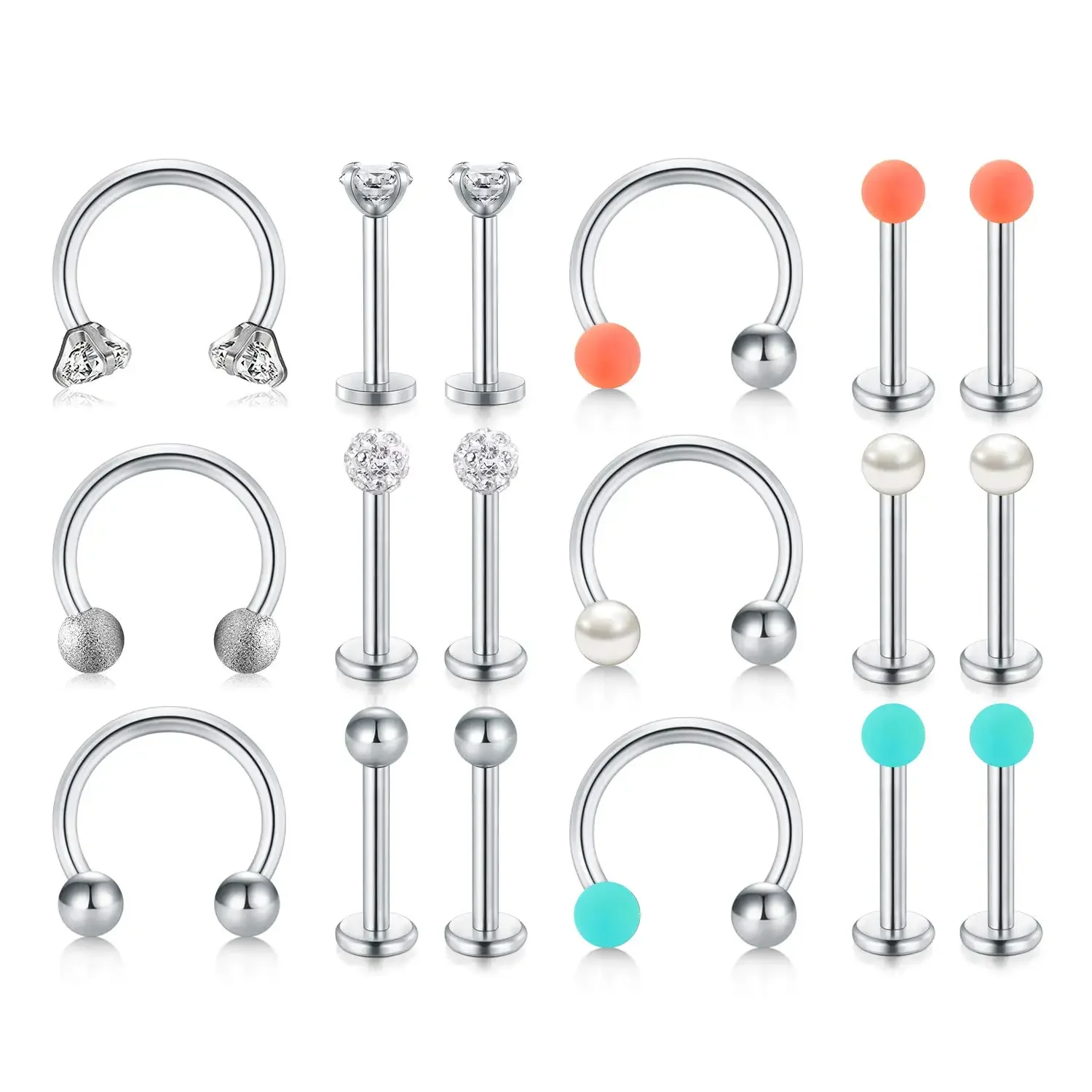 

18Pieces 16G Lip Rings Labret Studs Piercing Ring Surgical Steel Forwards Helix Conch Rook Silver Earrings 6mm 8mm 10mm