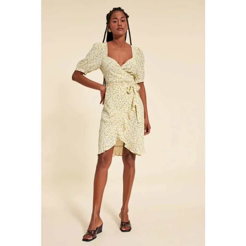 

French RO @ Pastoral Floral Rayon Low Neck Printed Strap Wrapped Ruffle Dress
