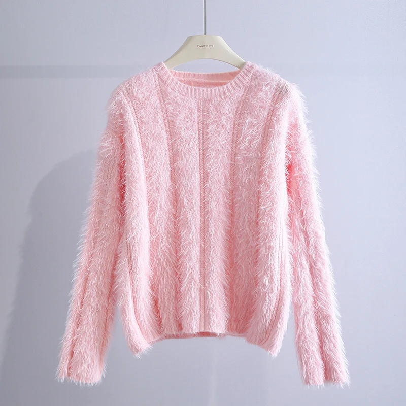 

Fleece Pink Women Sweater Pullovers Autumn Winter O-Neck Solid Long-Sleeved Casual Female Pulls Outwear Tops