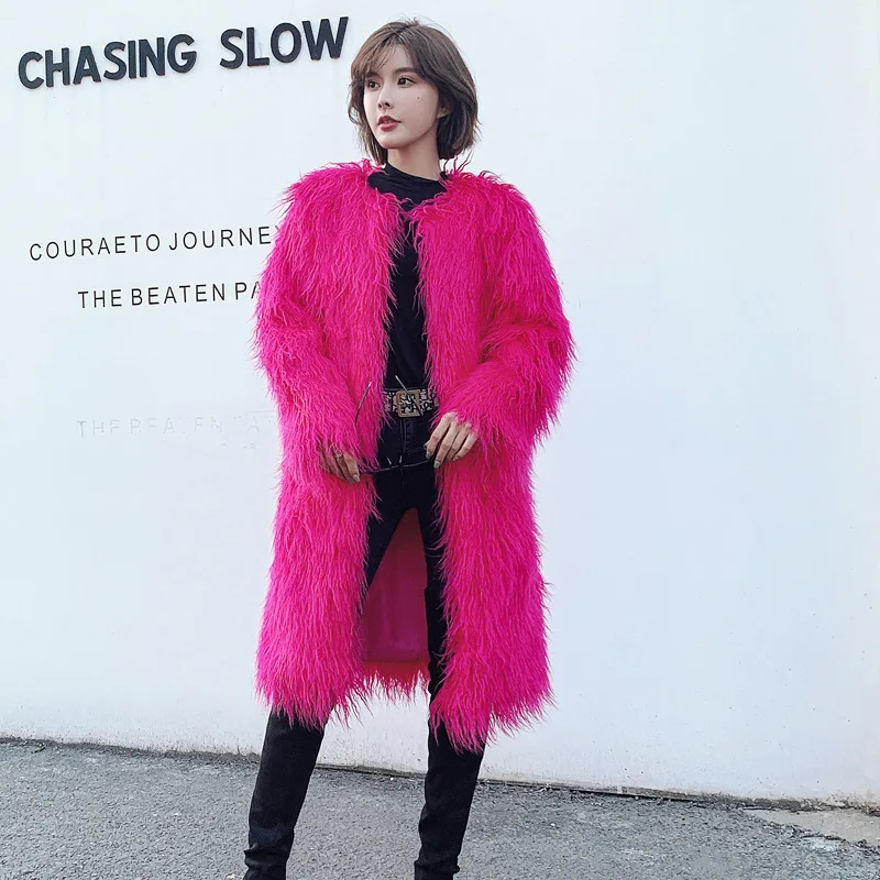 

HJQJLJLS 2022 NEW Arrival Women 95Cm Long Faux Fur Coat High Street Female Colorful Luxury Fluffy Faux Mongolia Sheep Fur Jacket