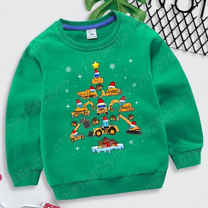 Sudadera con estampado de árbol y camión excavadora navideño para niño, informal, de manga larga, cuello redondo, transpirable, cómoda y navideña