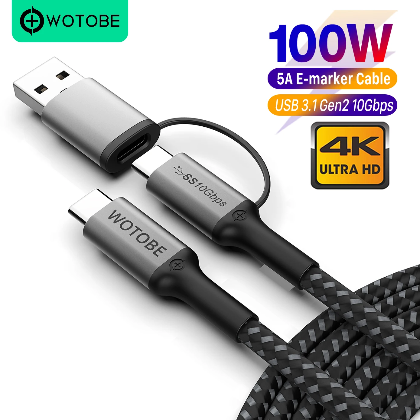 USB C to USB C Cable 100W, 20Gbps 90 Degree Right Angle 4K@60Hz Video  Output Cable (USB C 3.1 & 3.2 Compatible) with E-Marker for Thunderbolt 3