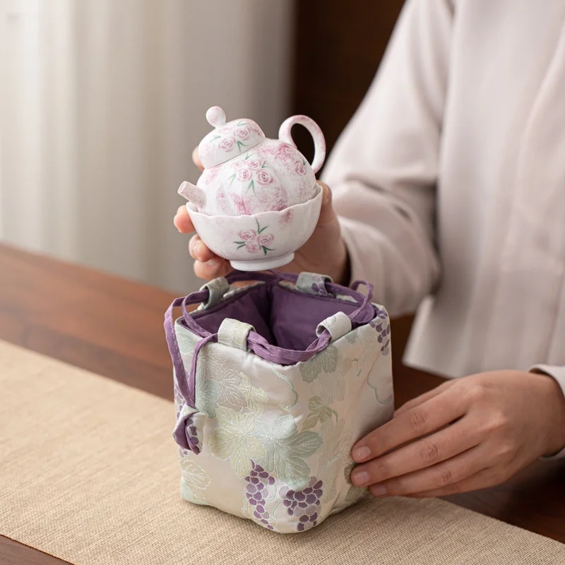 Hand drawn rose ceramic Kung Fu tea set, one pot, one cup, handmade tea pot, cup, outdoor portable set