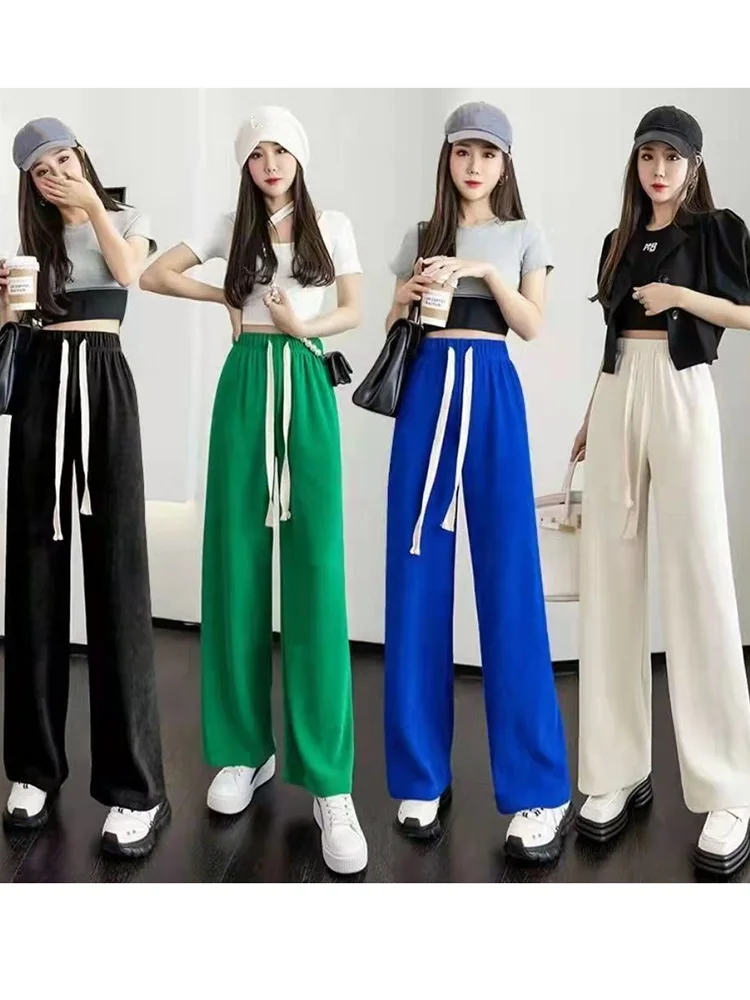 

Summer 2024 New High Waist Draping Loose Trousers Wide Leg Pants for Women Floor Length Casual Ice Silk