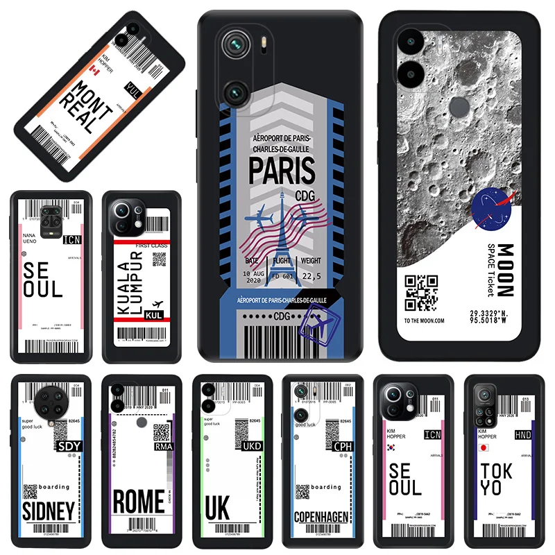 Paris Seoul Tokyo Travel Ticket Label Custodia Nera Per Telefono Per Xiaomi Mi 11 10 Note10 A2 10T 8 Lite 5G 11T 11I 9T Cc9 Pro 9 Se Cover