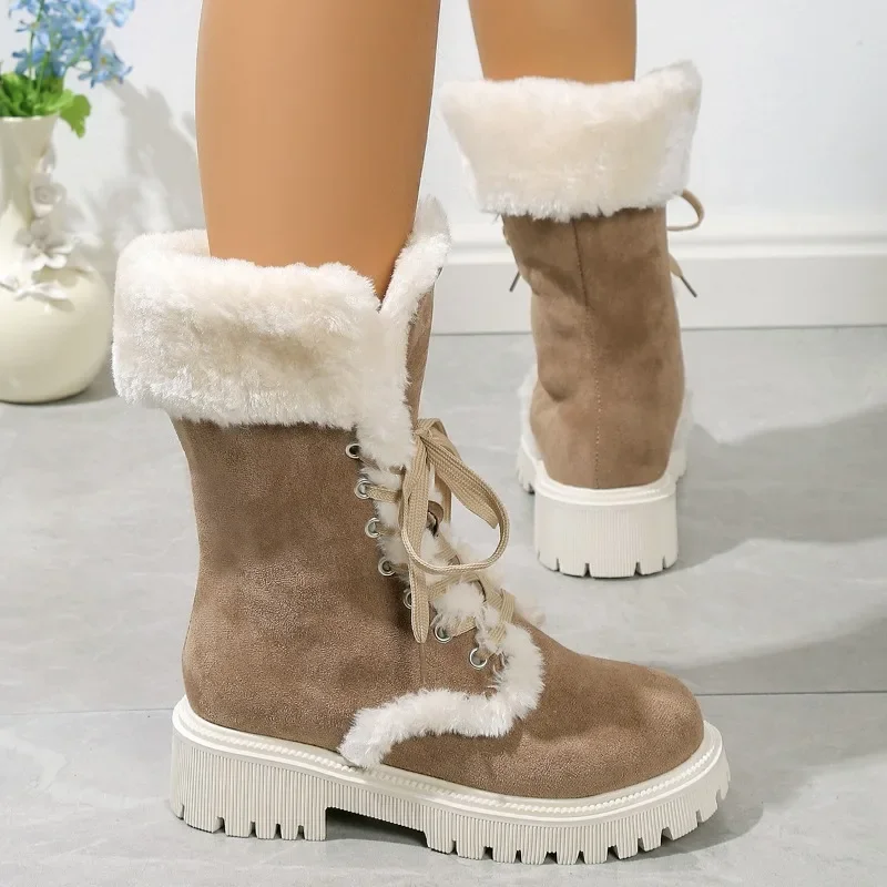 

2023 Women's Shoes Winter Mid-Calf Women's Boots Warm Snow Boots Women Cross-tied Round Toe Square Heel Non Slip Ladies Shoes