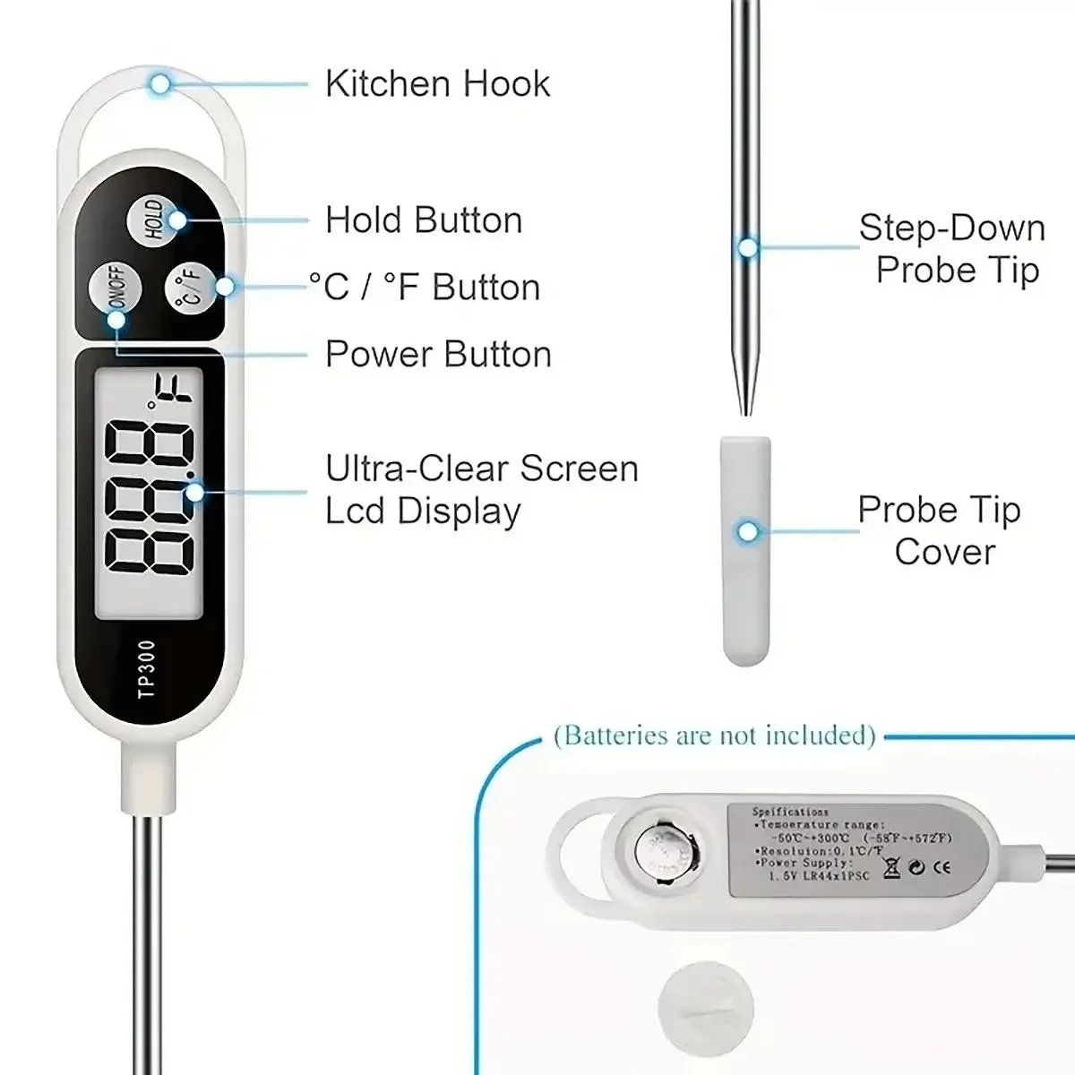 1pc-Stainless Steel Probe Type Household Food Thermometer Pen Type Milk Temperature Cooking Food Thermometer(No battery.)