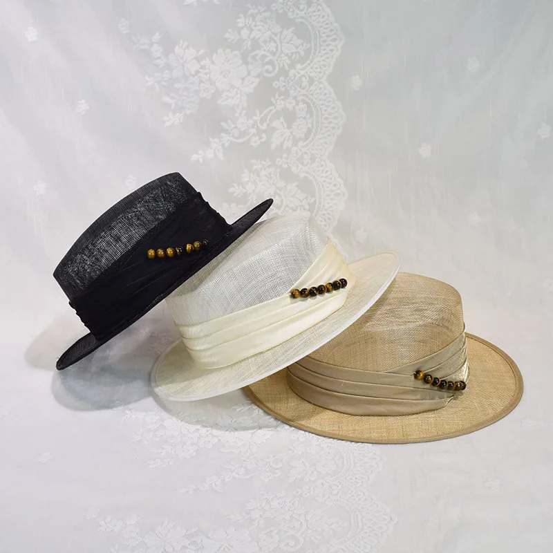 

Philippine high grade hemp yarn flat top hat British elegant retro pearl banquet top hat fashion ladies hat