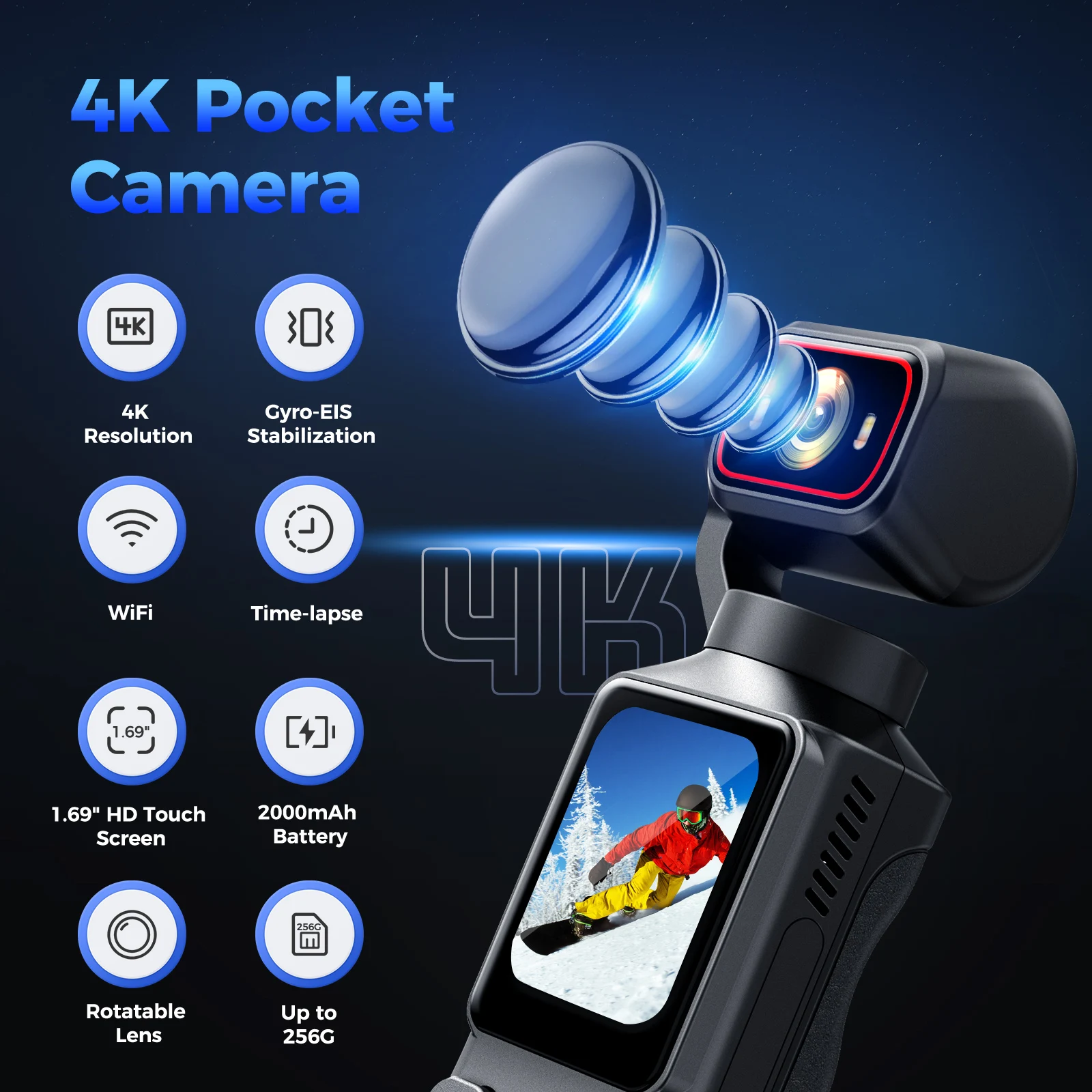 Portable 4K Touchscreen Pocket Camera WIFI Outdoor DV 180° Rotatable Stabilization Sport Small Video Recorder Digital Vlog Cam