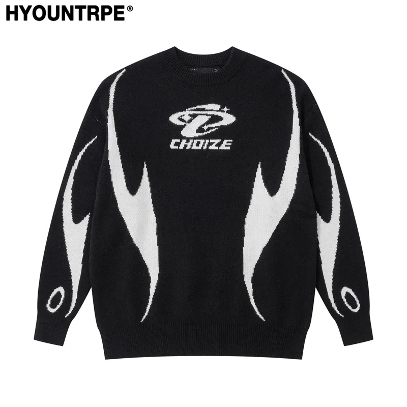 Mens Racing Style Sweater Knitted Pullovers Casual Long Sleeve Loose O Neck Harajuku Sweaters Streetwear Unisex Jumpers Knitwear