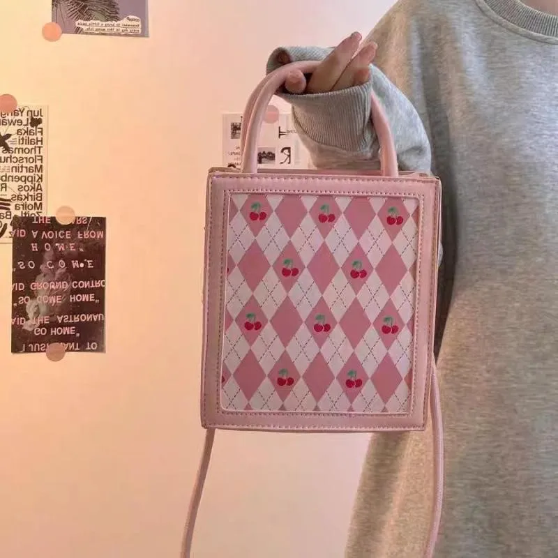Sweet Cute Cherry Pink Handbag Women Diamond Pattern Square Large Capacity Shoulder Bag Ladies Kawaii Everyday Crossbody Bag New