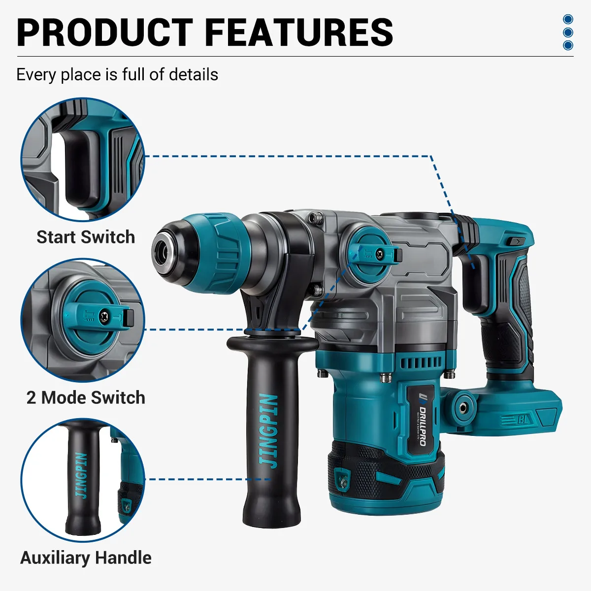 Drillpro Brushless Electric Hammer Drill 26mm Cordless Rotary Hammer Handheld Impact Drill Power Tool For Makita 18V Battery 5
