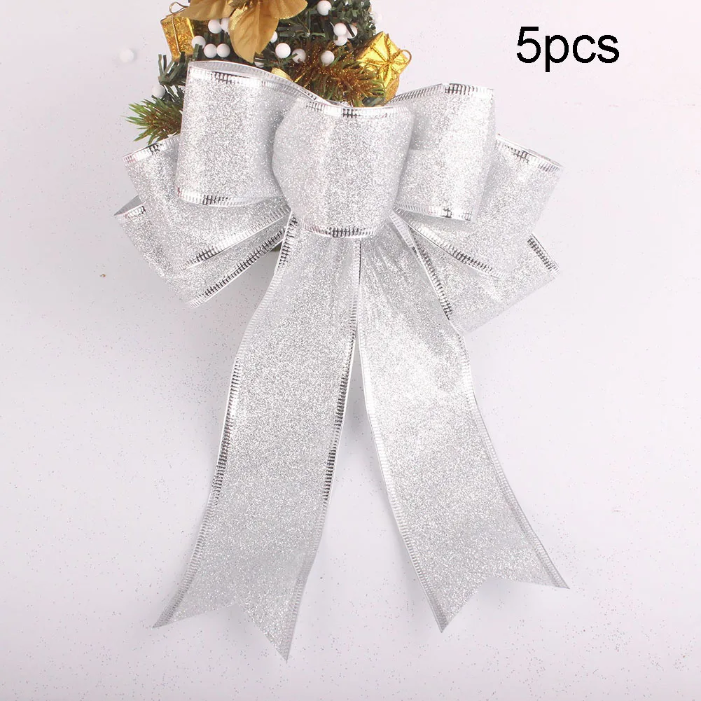 

5PC 25cm Christmas Bow Decoration Glitter Powder Bow Christmas Tree Pendant New Year's Party Ribbon Bow Decor Bowknot Gift Decor