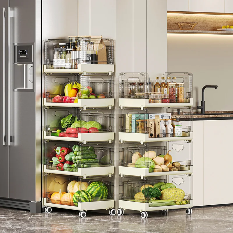 

Kitchen Folding Multi-Layer Shelf Removable Trolley Storage Cabinet With Wheels Bedside Cabinet Thickened Bathroom Storage Shelf