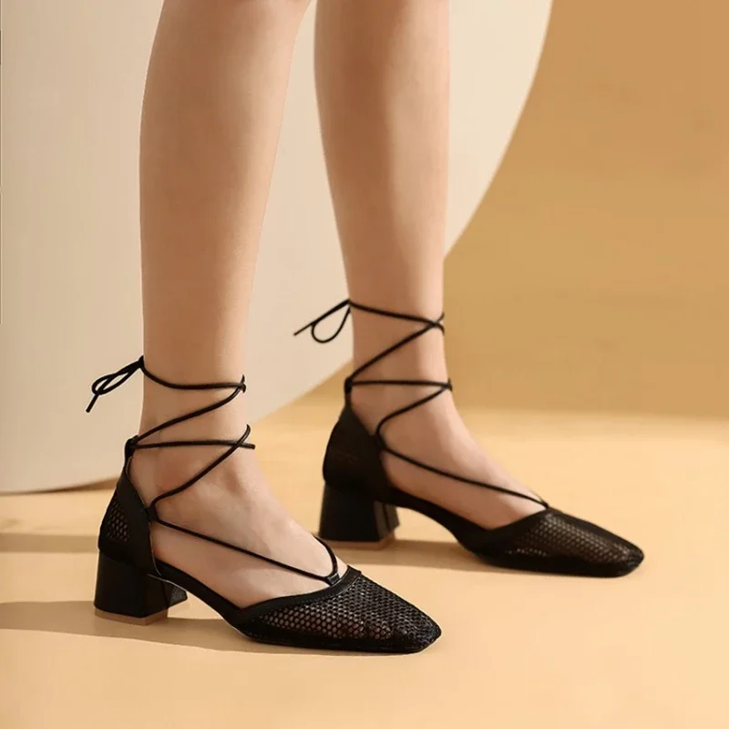 

Sandals for Women 2021 Elegant Fashion Mesh Hollow T-Strap Gladiator Chunky Heels Square Toe Small and Large Size 30-50 FV-112