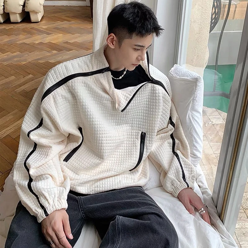 

2023 Autumn New Mens Casual Sweatshirts Loose Patchwork Stand Collar Sweatshirt Men Fashion Harajuku Long Sleeve Pullover Q36