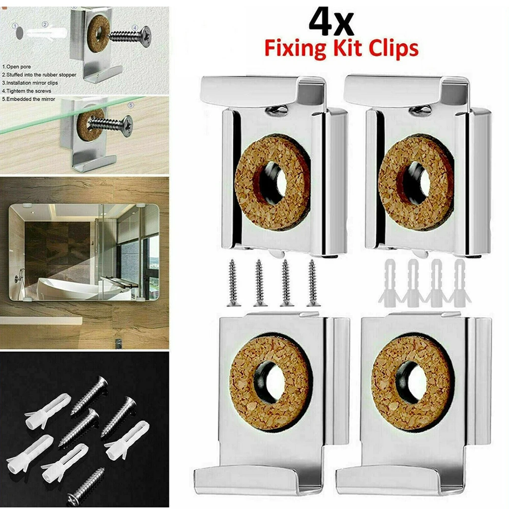 Chrome Mirror Wall Hanging Fixing Kit 4pcs Bathroom Mirror Mounting Brackets Clamps Frameless Metal Clips For Kitchen Bathroom