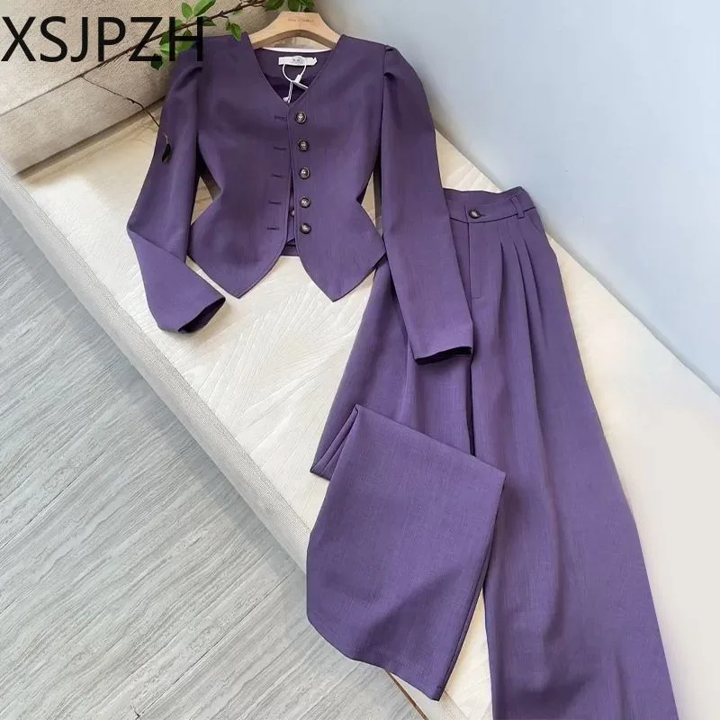 2024 New Chinese Single Breasted V Neck Long Sleeved Suit with Buttons Wide Leg Trousers Two Piece Office Ladies Commuter Suit