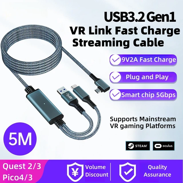 USB3.2 Gen1 VR Link Cable for Oculus Quest 2 3 3S/PICO Neo3/PICO 4 Quick Charge 9V 2A Cable 5Gbps USB-C Data Cord VR Stream Line