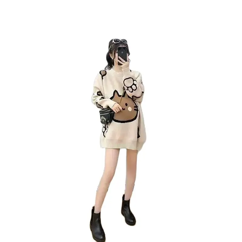 Beige Cartoon Maternity Sweater For Autumn Fashion Pregnant Woman Knitted Pullovers Plus Size Pregnancy Knitwear Loose Jackets