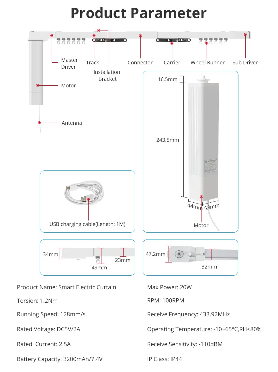 Zigbee Electric Sliding Curtain Motor Built-in Battery with Customized Track Wor