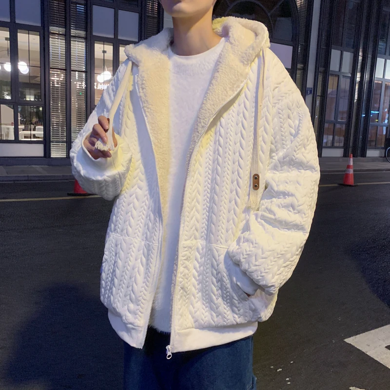 

YASUGUOJI Japanese Fashion Twist Jacket Men 2022 Winter Streetwear Thickened Lamb Wool Hooded Coat Outwear Loose Mens Jackets
