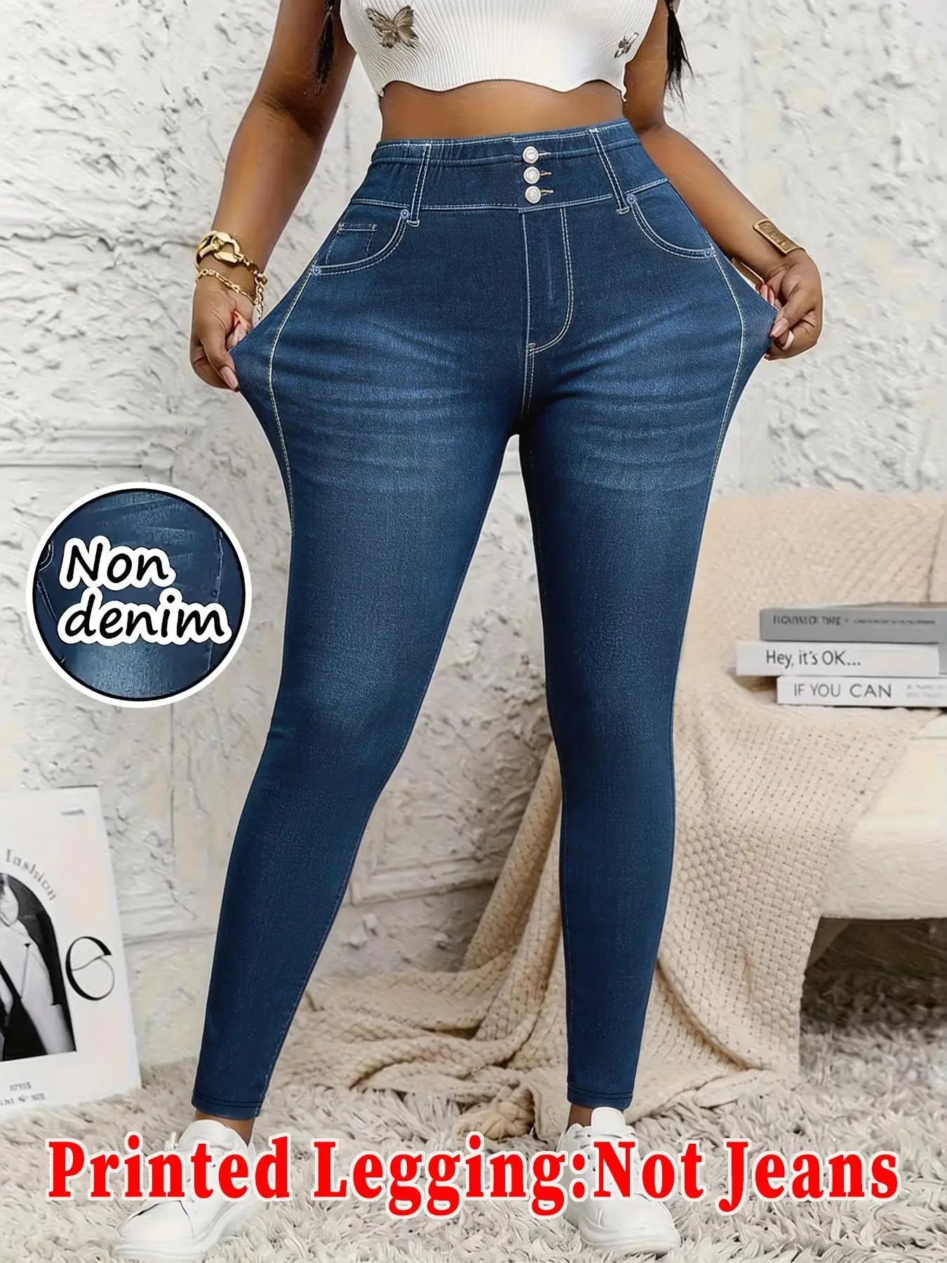 [Printed Pants - Not Denim Fabric] Printed Legging - Not Denim Fabric, Full-Length Imitation Denim, Pants with Faux Pockets and