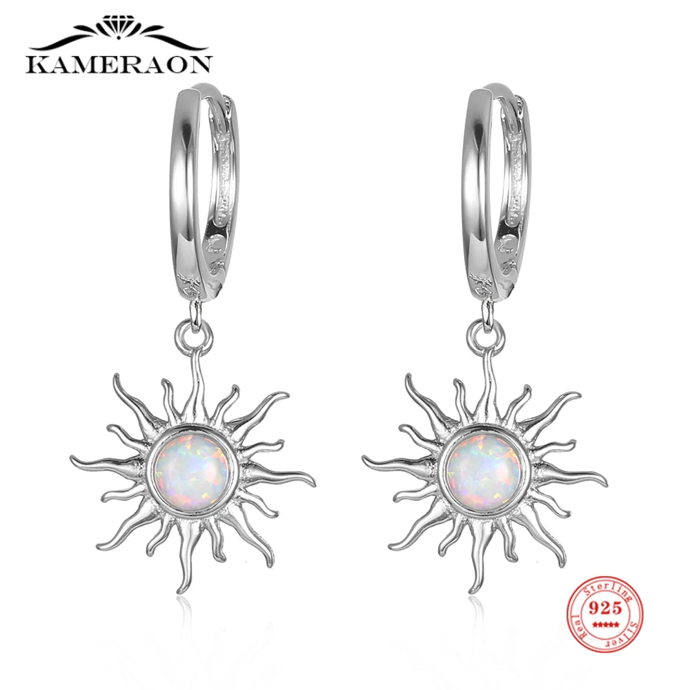 

Kameraon 100% 925 Real Sterling Silver Sun Design with Opal Stone Hoop Earrings Gift for Girls Friend Kid Lady Fine Jewelry 2022