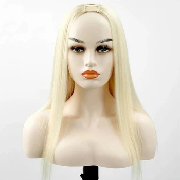 U Part Ash Blonde Human Hair Wig 180% Density Brazilian Remy Hair Wig for Women Silk Straight Hair Middle Right Left Upart 1"x4"