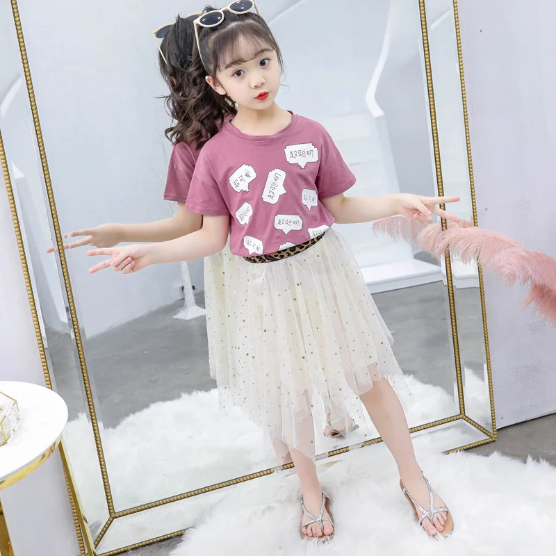 

Korean Fashion Clothes Summer Girls Dress Clothing Sets Cotton Cute O-Neck T-Shirt & Starry Mesh Irregular Skirt 2 Piece Outfit