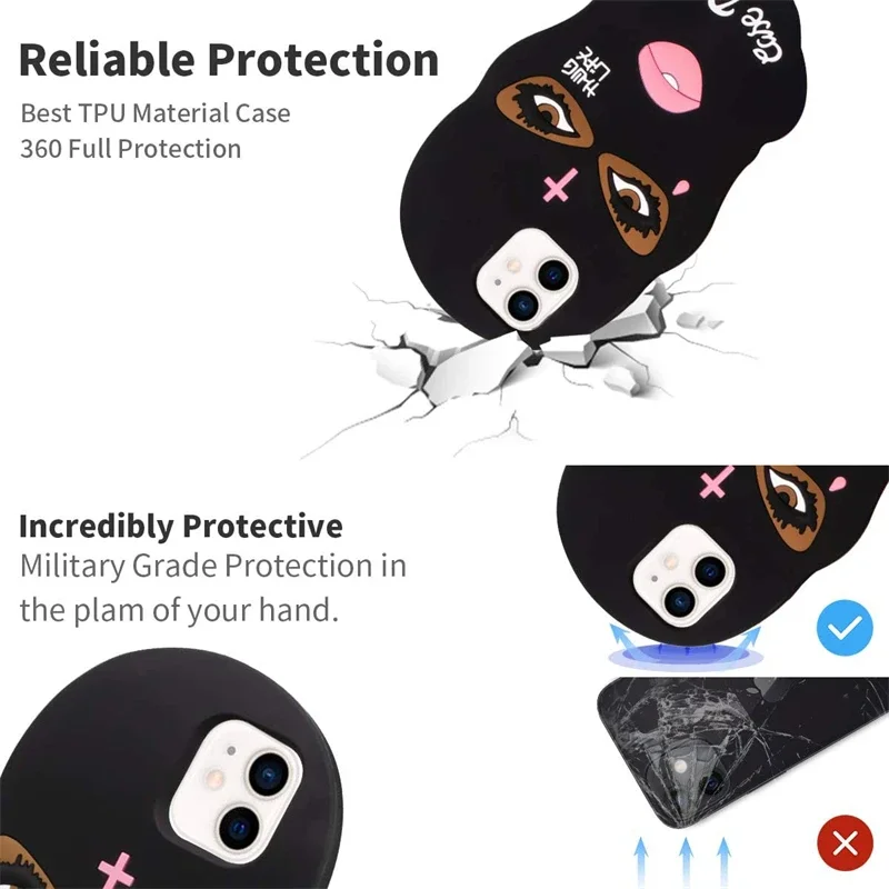 جراب هاتف قناع وجه نسائي أسود من السيليكون ، كرتون...