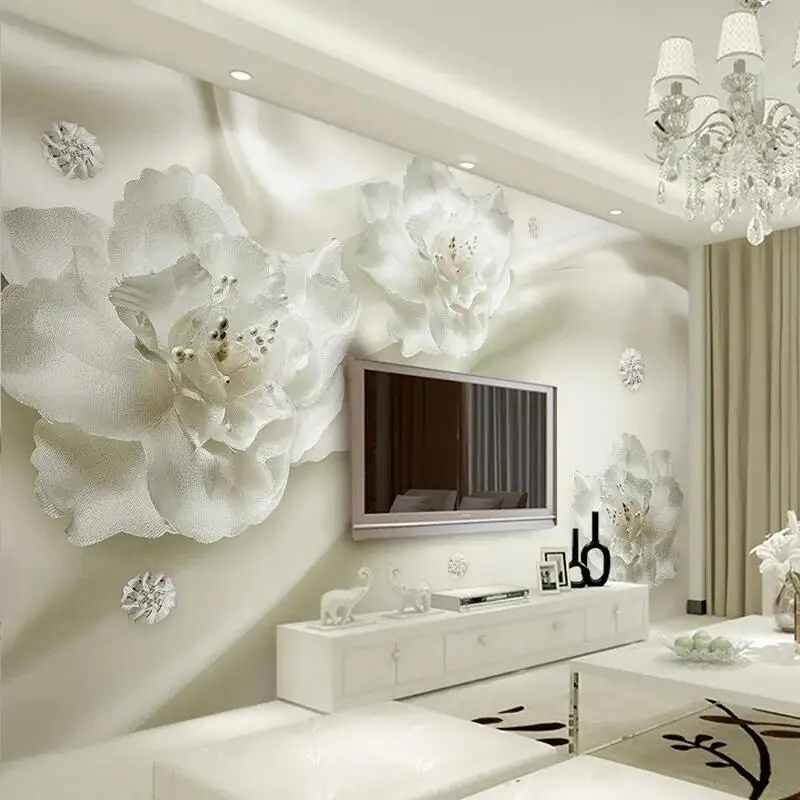 Papel de Parede de Seda 3d Stereo Relief White Flowers Home Decor Murais Hotel And Living Room Interior Luxury Photo Wallpaper Estilo Europeu