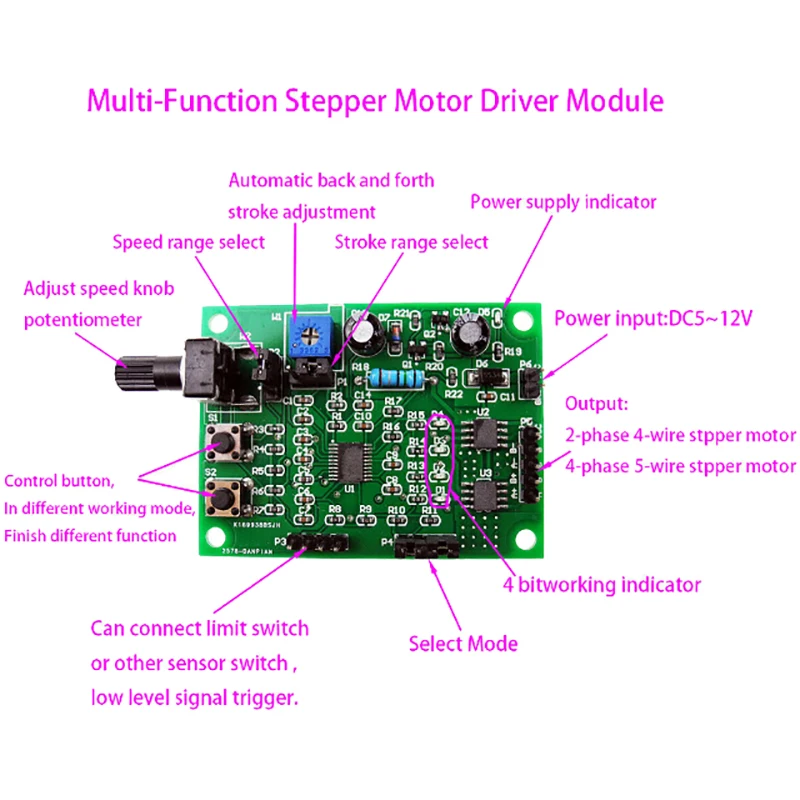 마이크로 스텝퍼 모터 드라이버, 속도 컨트롤러 모듈 보드, DC 5V-12V, 2 상 4 선, 미니 4 상 5 선 스테핑 모터