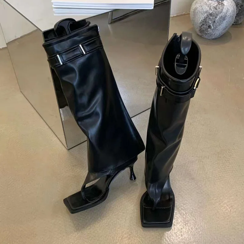 Women Thong Shoes Black Summer Boots Low Heel Flip Flops Knee-High Boots Sexy Zipper Clip Toe Sandals Ladies Buckle Shoes