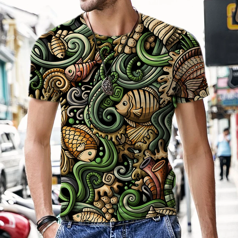 

2022 New Summer Retro marine life pattern Casual 3d T-Shirt Street Fashion Men Printed Short-Sleeved Loose Oversized T-Shirt