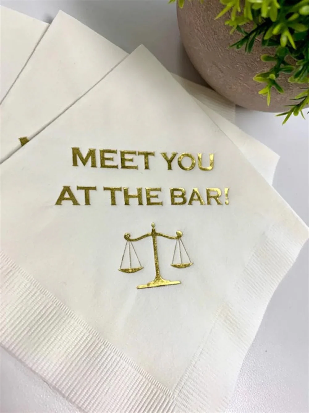 

50pcs Law School Lawyer Attorney Graduation Meet You At The Bar Printed Beverage Cocktail Napkins White w/ Metallic Gold Foil SH