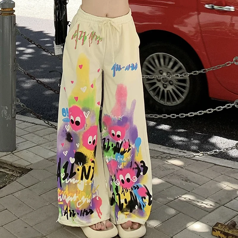 Kawaii Cute Dopamine Graffiti Casual Pants Women Tie Dye Summer Elastic High Waiste Drawstring Pockets Loose Wide Leg Trousers graffiti monkey painting monkey art animal art apron chef uniform woman with pockets apron