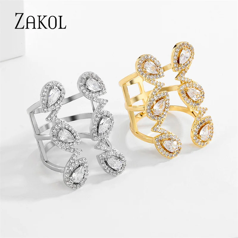 ZAKOL Brand Luxury Gold Color Geometry Water Drop Cubic Zirconia Open Adjustable Rings for Women Party Anniversary Gift RP2319