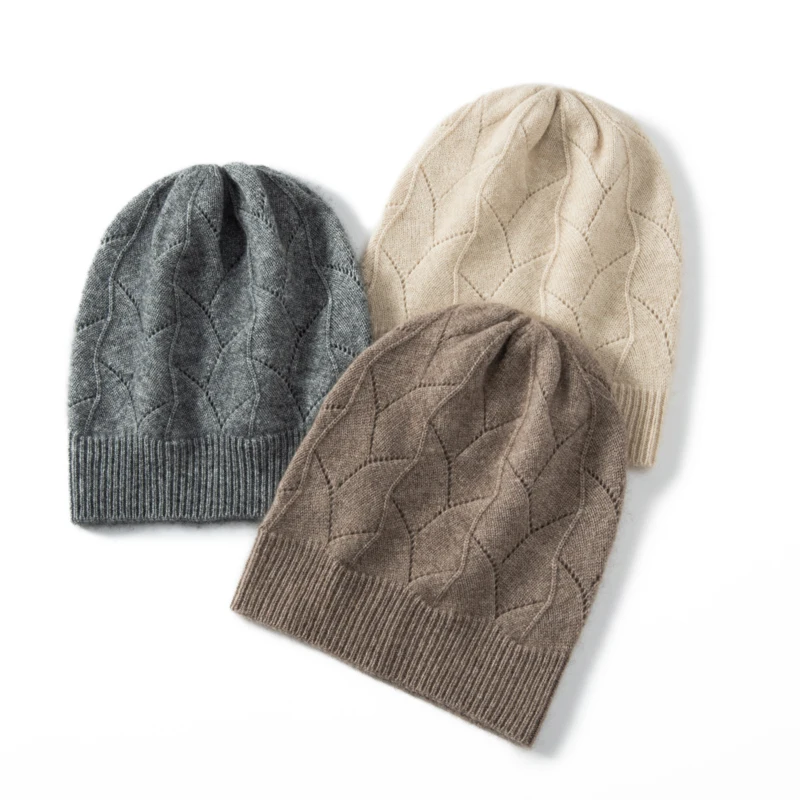 High Quality 100% Cashmere Knitted Hat for Women Winter Beanies Soft Warm Mesh Outdoor Cap Fashion Female Skullies Solid Hats 4