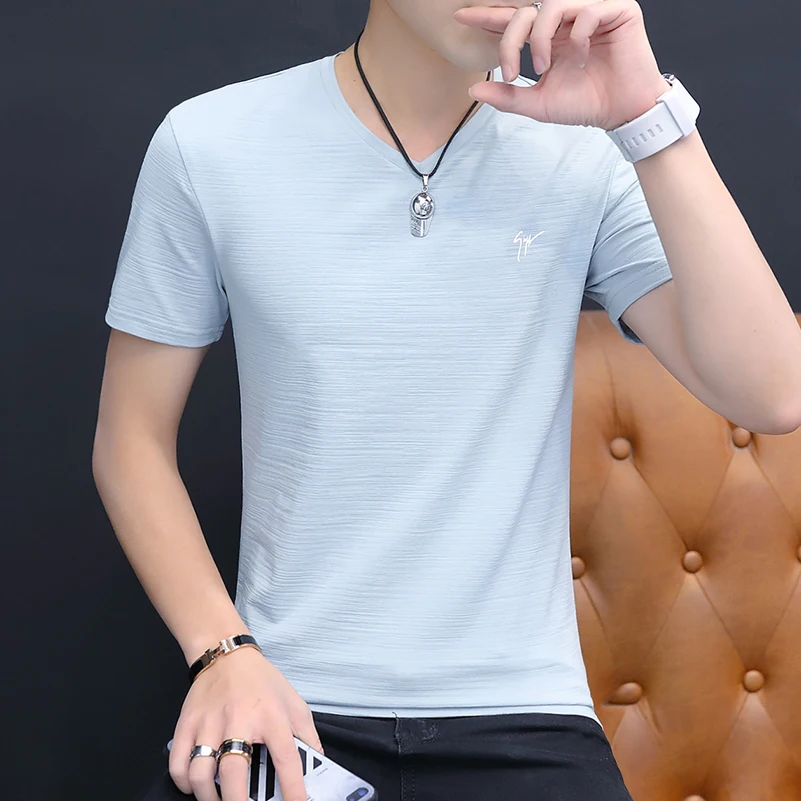 Cotton-V-neck-half-sleeve-men-s-slim-trend-youth-summer-T-shirt-short ...
