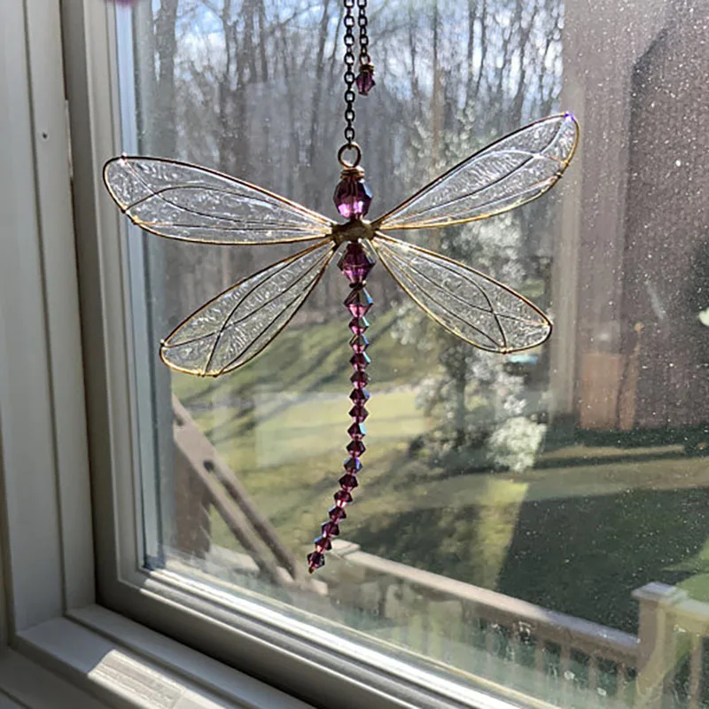 Creative Wing Dragonfly Crystal Suncatcher Outdoor Garden Car Home Hanging Ornament Wind Chimes Window Decoration