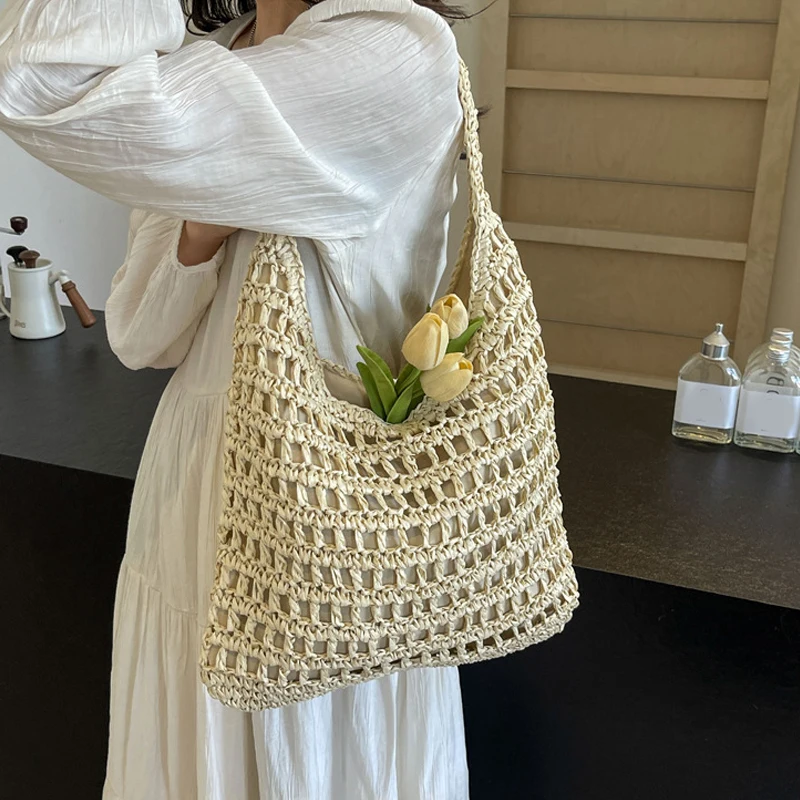 Bolso de paja de ganchillo a la moda para mujer, bolso de mano