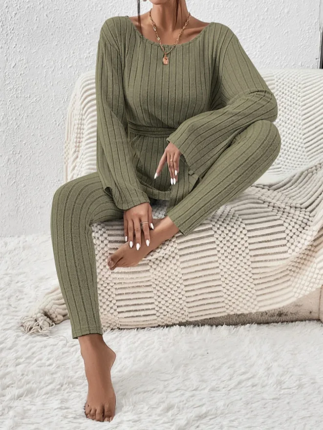 

Женский спортивный костюм из двух предметов, топ с круглым вырезом и длинным рукавом, брюки-карандаш с поясом, повседневные однотонные полосатые теплые облегающие брюки