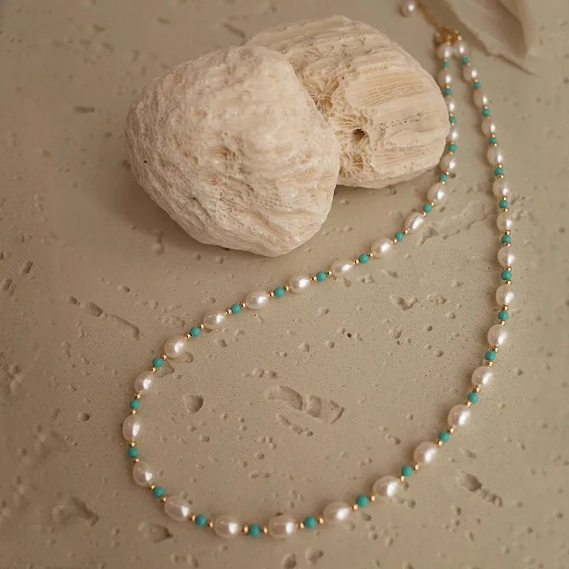 100% Natural Freshwater Pearl & Turquoise Stone 14K Gold Filled Female Jewelry Set For Women Necklace Bracelet Christmas Gifts 4