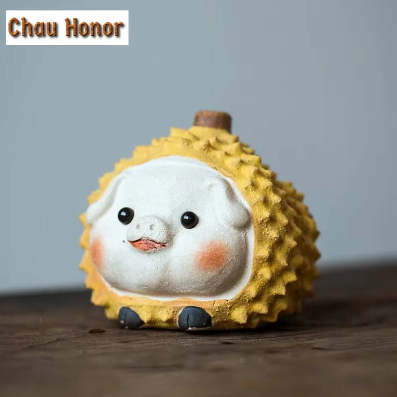 Cute Durian Pig Tea Pet Handmade Purple Clay Tea Play Figurine Fruit Ornament Can Raise Stupid Sculpture Desktop Ornaments Gift