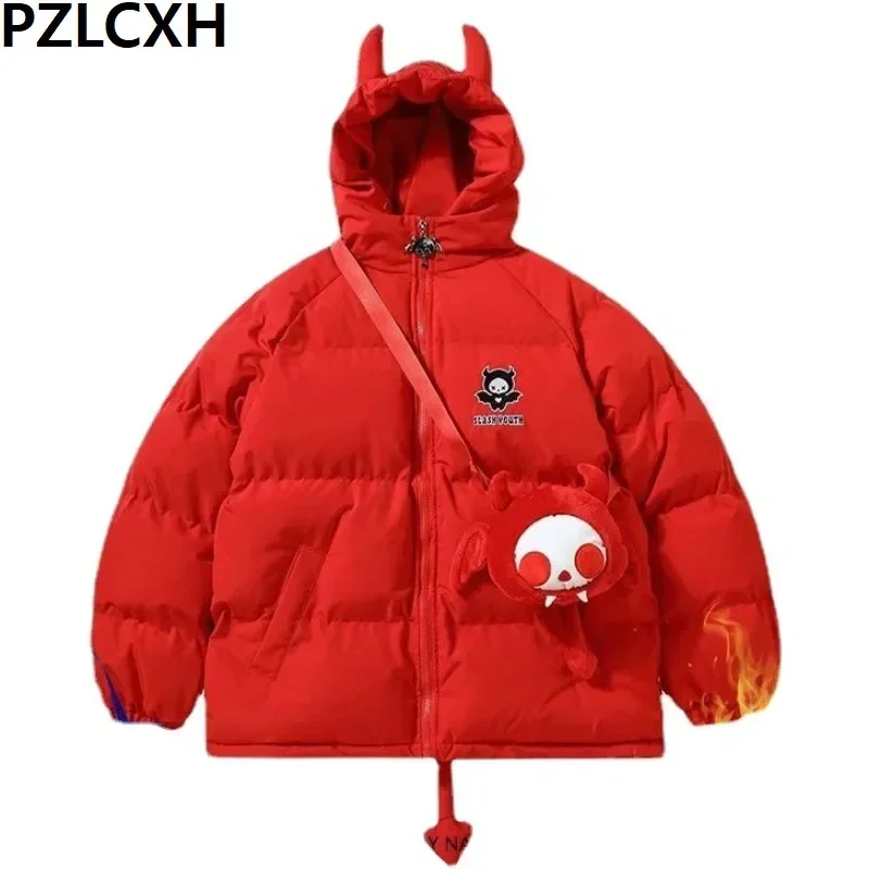 

2024 New Hip Hop Parka Coats Men Women High Street Fashion Devil Horns Wing+Tail Hooded Padded Jackets Thickened Warm Overcoat